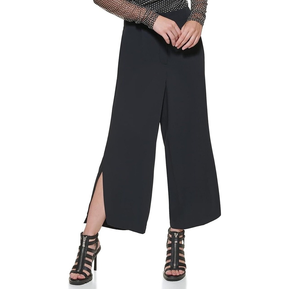DKNY Womens Black High Rise Pleated Wide Leg Cropped Pants Slit Size 12